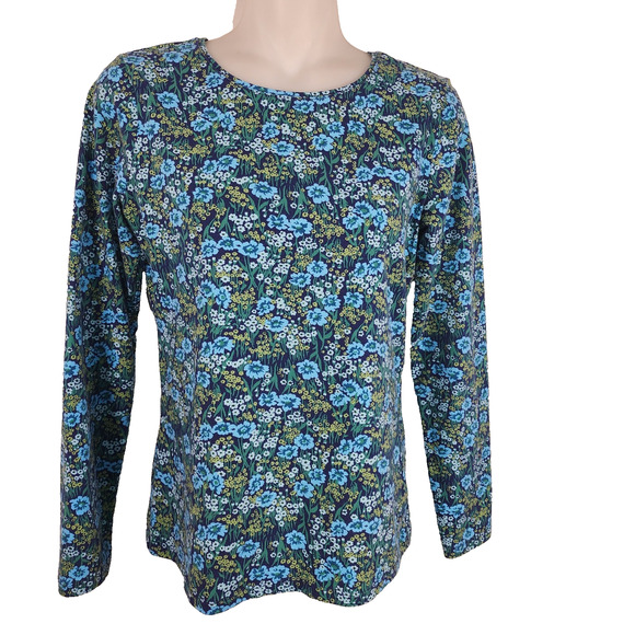 Talbots Floral Fields Crew Neck Tee Cotton Blend Long Sleeve Stretch Blue Green - Picture 1 of 8